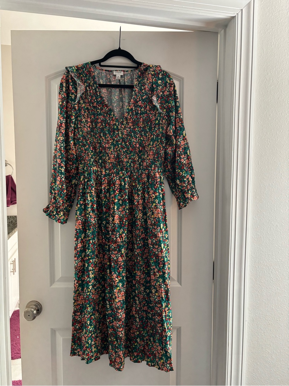 J. Crew Factory Green Floral Midi Dress with Coral and Cream Blooms